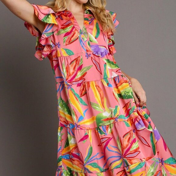 Umgee Dresses & Skirts - 🌺 NEW WITH TAGS | Colorful Tiered Ruffle Sleeve Midi Dress 🌺